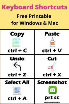 keyboard shortcuts for windows and mac with the text, free printable worksheet