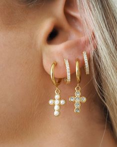 Gold and Pearl Cross Huggie Hoops Length of Earring: approx. 1.25 inch 18K Gold Plated Stainless Steel Water Resistance Dangle Cross Earrings, Unique Ear Piercings, Evening Jewelry, Crystal Cross, Spring Jewelry, Classic Necklace, Dainty Gold Necklace, Work Jewelry, Jewelry Outfit