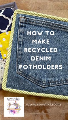 recycled denim potholders with pockets on cutting board Jean Potholders Diy, Crafts With Denim Old Jeans, Denim Hot Pads Diy, Diy Potholders Easy, Denim Pot Holders, Jean Pot Holders Diy, Crafts From Old Jeans, Denim Pot Holders Diy, Quilted Potholder Patterns Free