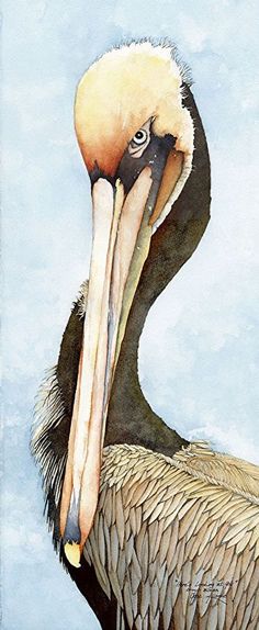 a painting of a pelican standing in the water with its head turned to the side