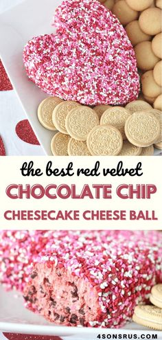 the best red velvet chocolate chip cheesecake cheese ball is on display with cookies and sprinkles