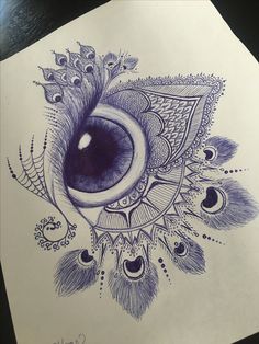 a drawing of an eye with peacock feathers on it's head and eyes drawn in pencil