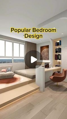 a room with a bed, desk and chair next to a window that reads popular bedroom design