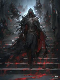 a man in black and red is walking up some stairs