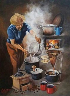 a painting of a woman cooking in the kitchen with pots and pans on the stove