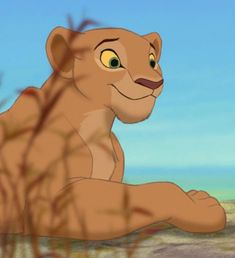 a cartoon lion sitting in the grass with its paw on his chest and eyes open