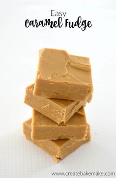 three pieces of caramel fudge stacked on top of each other with text overlay