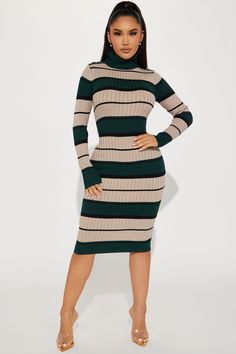 Available In Green/combo And Red/combo. Ribbed Midi Dress Turtle Neck Long Sleeve Gold Snapped Shoulder Detail Stretch Dress Length = 42" Disclaimer: Stripe Pattern May Vary. 68% Rayon 32% Polyester Imported Extra Fits, Turtle Neck Long Sleeve, Striped Sweater Dress, Ribbed Midi Dress, Flounce Sleeve, Green Midi Dress, Stretch Dress, Wide Leg Jumpsuit, Xl Dress