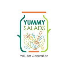 the yummy salads logo is shown in green, orange and blue colors on a white background