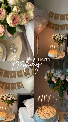 a collage of photos with flowers and candles on the birthday cake for someone's special occasion