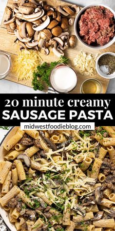 sausage pasta with mushrooms and parmesan cheese on top