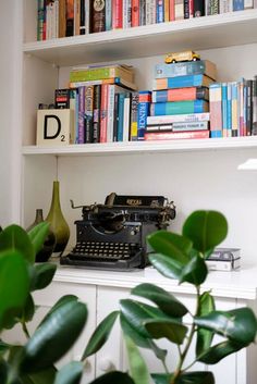 an old fashioned typewriter sitting on top of a white shelf next to a potted plant