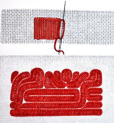 two pictures with red thread on them, one has a couch and the other has a pair of scissors