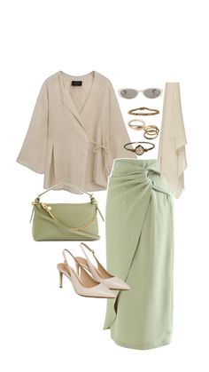 Classy Outfits For Hijab Women, Green Color Combinations Outfit, Outfit Inspo Hijabi, Beige Green Color, Modest Work Outfits, Modest Outfits Muslim, Green Color Combinations