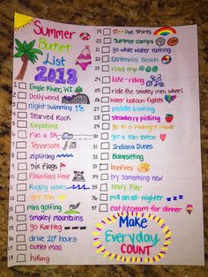 a summer bucket list is shown on a table