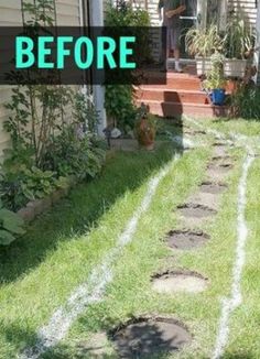 a yard with grass and stepping stones on the ground, before and after being cleaned