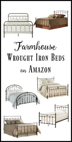 an advertisement for a bed with iron beds on each side and the words farmhousee through iron beds on amazon