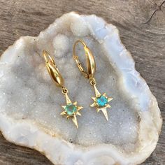 These Celestial beauties sparkle and shine! Perfect for everyday wear. The setting make them very comfortable. Put them on and you never need to take them off. Great gift for the one you love or the Love of self. Free worldwide shipping! Custom orders welcomed 14k Gold Filled Earrings With Star Charm As Gift, Celestial Single Gold Plated Earring, Celestial Gold Plated Single Earring, Celestial Gold-plated Single Earring, Dainty Star Charm Drop Earrings, Celestial Style Earrings With Ear Wire For Everyday, Celestial Style Everyday Earrings With Ear Wire, Everyday Celestial Style Earrings With Ear Wire, Single Star-shaped 14k Gold Earring