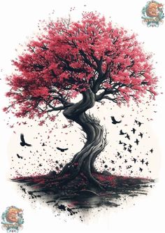 a painting of a tree with red leaves and birds flying in the air above it