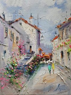 a painting of a woman walking down a street with flowers in the foreground and buildings on either side