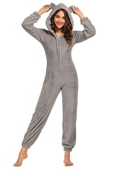 PRICES MAY VARY. Machine wash or hand wash, do not bleach Front zip up closure, long sleeve, elastic cuff & closed bottom Comfy jumpsuit pajamas with cute ear hood and tapered leg, footless, made of super soft, thermal and fluffy Sherpa fabric, solid color: grey/ black/ pink/ red/ brown/ navy blue/ light purple available Great choice for sleep wear, lounge wear, cosplay, pajama party, vacation in cold weather, cozy and funny; Also perfect Halloween and Christmas pajamas for family SIZE: Please r Pyjamas Onesie, Winter Romper, Zipper Jumpsuit, Comfy Jumpsuits, Homewear Woman, Overall Jumpsuit, Comfortable Home, Onesie Pajamas, Cozy Season