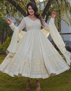 contemporary cream faux georgette designer party wear heavy readymade anarakali suit with cream micro crepe rt8883-184630 Front View Full Sleeve Gowns, Party Wear Gown, Cotton Gowns, Beautiful Wedding Gowns