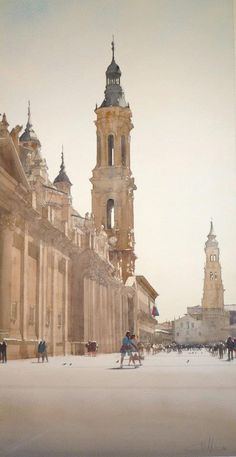 an old photo of people walking in front of a building with two towers and a clock tower