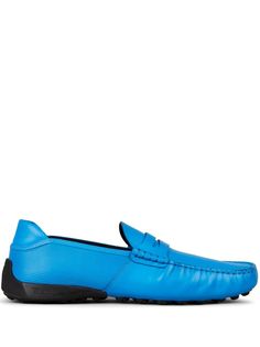 cerulean blue leather slip-on style round toe soft-spike sole rubber sole Blue Leather Sole Slip-on Moccasins, Blue Slip-on Moccasins, Blue Slip-on Business Moccasins, Blue Slip-on Loafers With Rubber Sole, Blue Slip-on Moccasins For Business, Blue Slip-on Moccasins With Rubber Sole, Luxury Blue Slip-on Loafers, Classic Blue Loafers With Textured Sole, Blue Slip-on Loafers With Contrast Sole