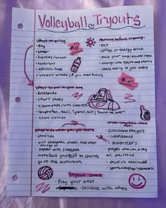 a piece of paper with writing on it that says volleyball triquits written in pink ink