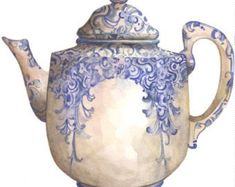 a painting of a blue and white teapot