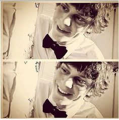 two pictures of a young man with curly hair wearing a bow tie and looking at the camera