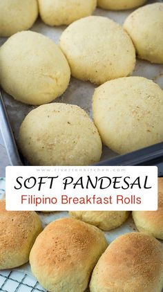 soft pandesal filipino breakfast rolls on a cooling rack with text overlay