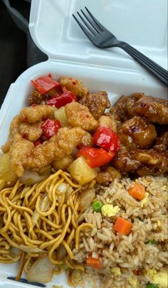 a plastic container filled with rice, meat and veggies next to a fork