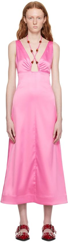 GANNI: Pink Halter Midi Dress | SSENSE Pink Halter Dress, Pink Bow Dress, Ganni Dress, Halter Midi Dress, Sequin Maxi Dress, Sequin Maxi, V Neck Midi Dress, Satin Midi Dress, Pink Midi Dress