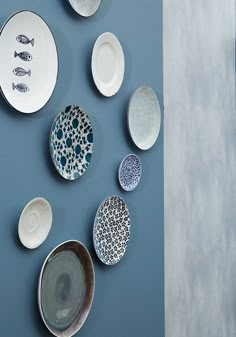 several plates and bowls are arranged on a blue wall with fish painted on the plates