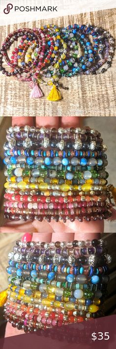 Semi-Precious Stone Beaded Bracelet Lot; 14 Worn Stacked or as Singles Rose Gold Plate, Black Rainbow, Women's Bracelets, Color Spectrum, Bracelet Collection, Metal Beads, Gold Rose, Stone Beads, Rose Gold Plates