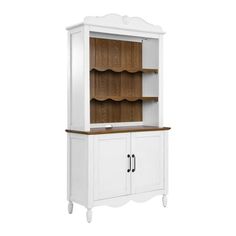 a white hutch with wooden shelves and drawers on the front, against a white background