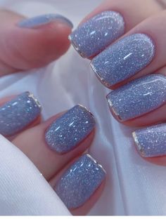 Short Cinderella Nails, Blue And Sliver Nails Ideas Short, Dusty Blue Manicure, Dusty Blue Wedding Nails Bridesmaid, Wedding Nails For Bride Dusty Blue, Blue Birthday Nail Designs, Blue And Silver Short Nails, Light Blue Bridal Nails, Sweet 16 Nail Ideas Short