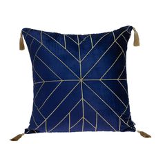 a blue pillow with gold lines and tassels on the front, sitting against a white background