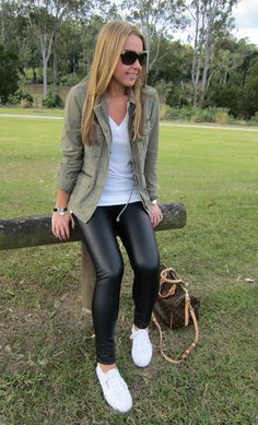 White Sneakers Outfit, Leather Leggings Outfit, Pleather Leggings, White Sneakers Women