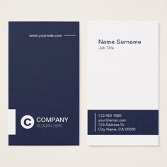 a blue and white business card with the company name on it's front side