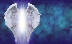 two white angel wings facing each other in front of a blue background with boke