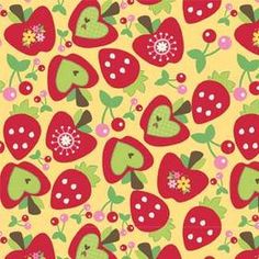 a yellow background with red strawberries and cherries