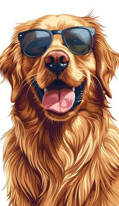 a golden retriever dog wearing sunglasses and smiling