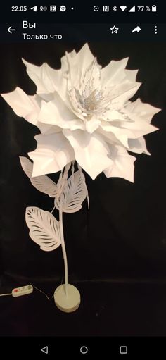 a white paper flower is on display in front of a black background with an electrical cord