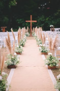 the aisle is lined with white chairs and tall pamodia plants in vases