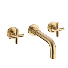 two gold faucets with cross handles on each side and one in the middle