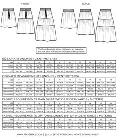 the size chart for women's skirt sizes and measurementss, including short skirts