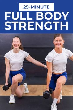 two women in white shirts and blue shorts squatting with dumbbells on their knees