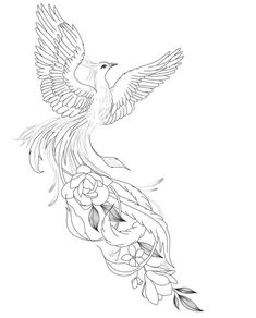 a drawing of a bird with wings and flowers on it's back legs, flying in the air